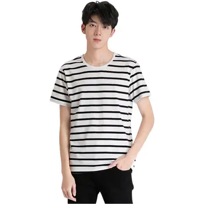 Men Black White Striped T-Shirt Loose Summer Classic Korean Style