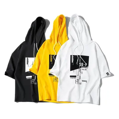 2025 Men Yellow Hooded T-Shirt with Graphic Print