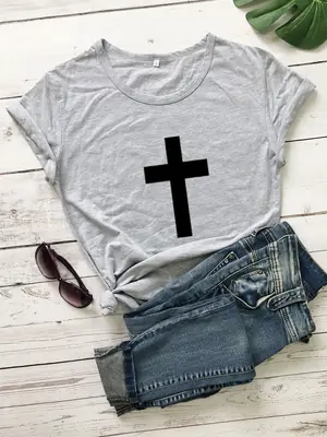 Pink T-Shirt with Black Cross Print Short Sleeve