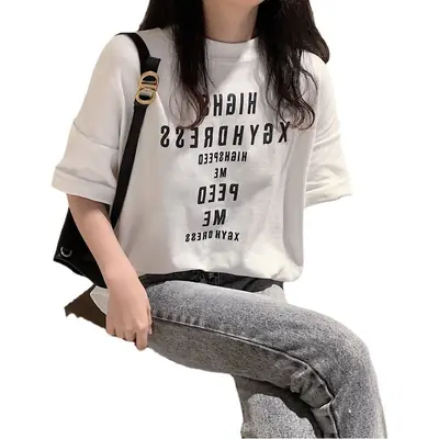 Women Loose Letter Print T-Shirt White Summer 2025