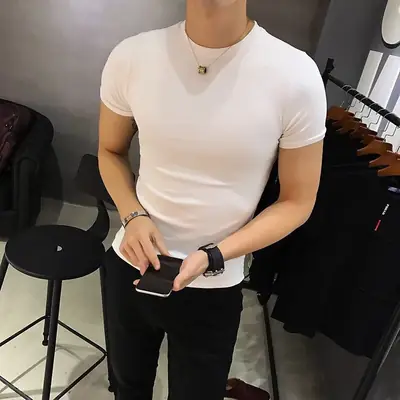 Men Black Thin Korean Style T-Shirt Short Sleeve