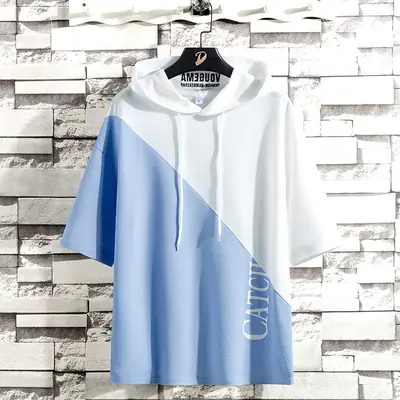 2025 Men Hooded T-Shirt Navy Blue Cream Catch