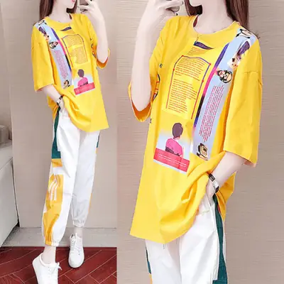 Women's Yellow Graphic Harem Trousers Set Casual Sports Wear