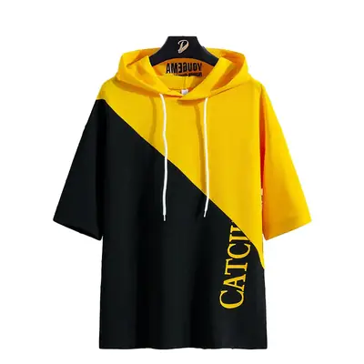 2025 Summer Hooded Cotton T-Shirt Blue White Split