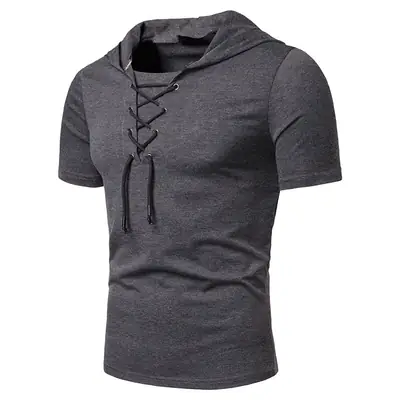 Men Hooded T-Shirt Grey Laced Short Sleeve