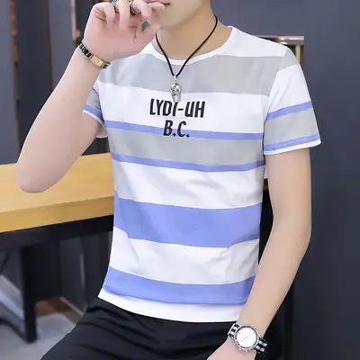 Men Summer Striped T-Shirt Korean Style Slim Fit