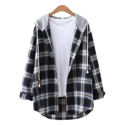 Women Plaid Hooded Jacket Red Black Long Sleeve