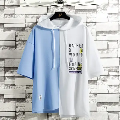Men Hooded T-Shirt Blue White Graphic Print