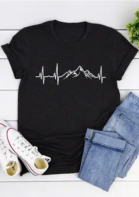 Black T-Shirt with Heartbeat Mountain Print