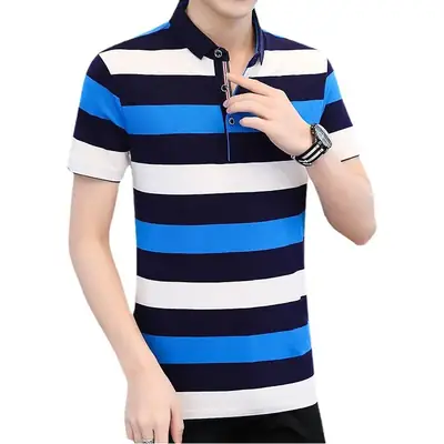 Men Striped Polo T-Shirt Navy Yellow Cotton 2021