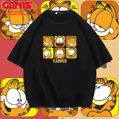 Men Yellow Garfield Cartoon T-Shirt Cotton Loose Large