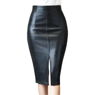 Black PU Leather High Waist Split Skirt for Women