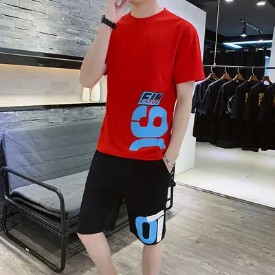 Men Red Graphic Shorts Set Summer Sportswear