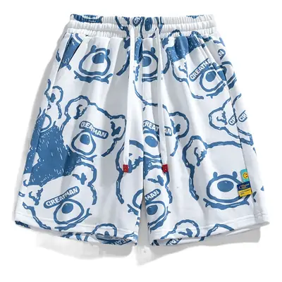 Men Black Korean Style Cotton Shorts with Cat Print