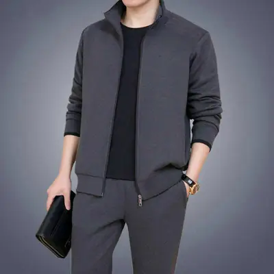 Men Grey Zipper Suit Plus Size Spring Autumn