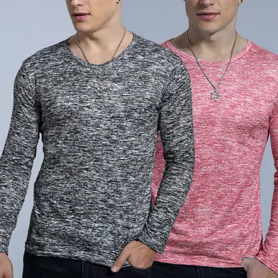 Men Long Sleeve T-Shirt Grey Pink Marbled Cotton