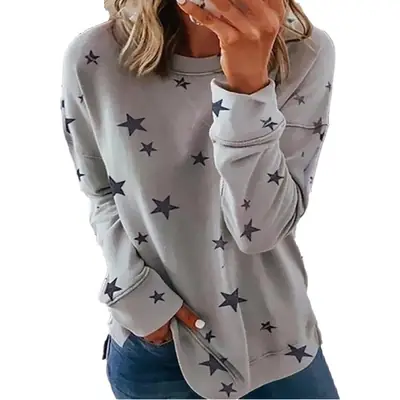 Women Star Print Long Sleeve T-Shirt White XL
