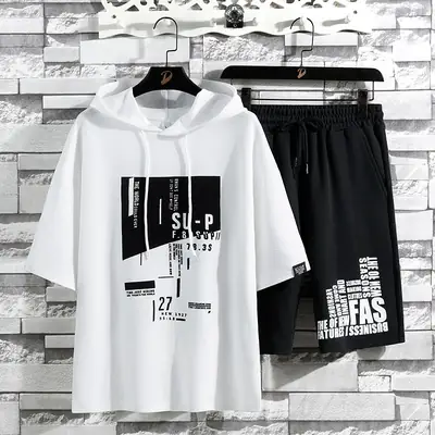 Men 2025 Summer T-Shirt & Shorts Set White Black Korean Style