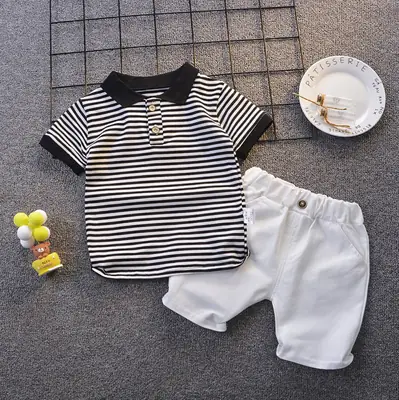 White Collared Striped T-Shirt & Shorts 2026 Boys Set