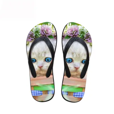 Cute Cat 3D Heat Transfer Flip Flops Green