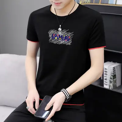 Men Printed Short Sleeve T-Shirt Black Korean Style Large