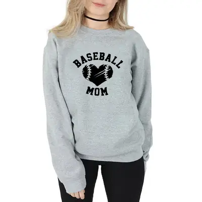Baseball Mom Heart Print Round Neck Sweater Grey