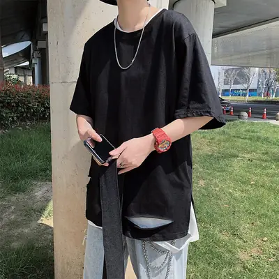 Men Black Ripped T-Shirt Hip Hop Style Loose Sleeve