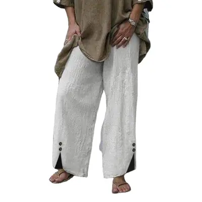 Women's Wide Leg Button Pants Black Cotton Summer Casual