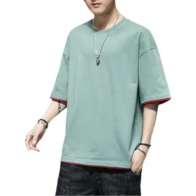 Men Cotton T-Shirt Light Grey Red Trim Large