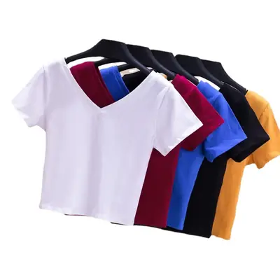 Women V-Neck Blue T-Shirt Short Sleeve High Waist