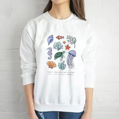 Women's White Watercolor Ocean Print Sweatshirt