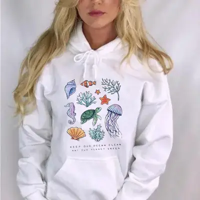 White Ocean Color Printed Hoodie for Women