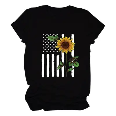 Women Sunflower Printed T-Shirt Orange Short Sleeve