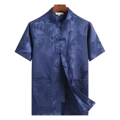 Men's Blue Dragon Print Tang Suit Shirt with Buckle