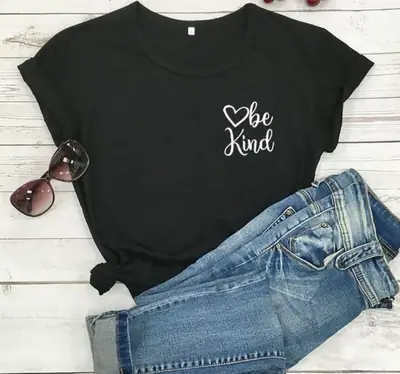 Black Cotton T-Shirt with "Be Kind" Heart Print