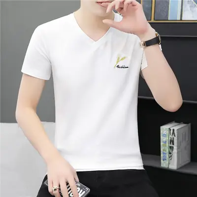Men V-Neck Cotton T-Shirt White Black Gray