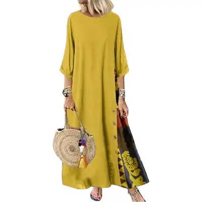 Women's Green Long Dress Seven-Sleeve Cotton Linen Loose Autumn Wear
