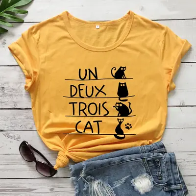 UN DEUX TROIS CAT Cat Print T-Shirt Yellow