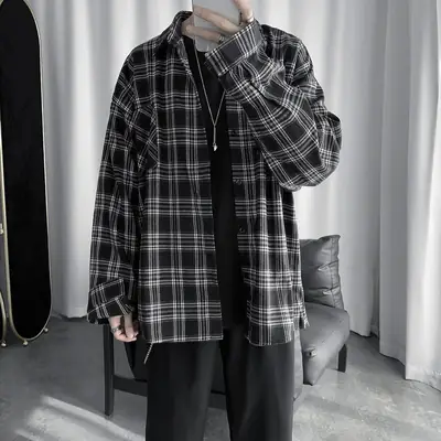 Men Long-sleeve Plaid Shirt Spring Summer Casual Wear
