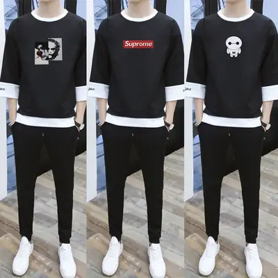 Men's White Graphic Sweat Suit 2020 Spring Autumn Loose Fit