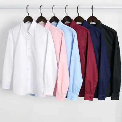 Men Slim Fit Long Sleeve Shirt Red Button Collar