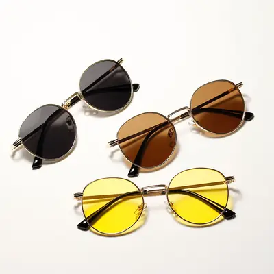 Women's Round Metal Sunglasses with Yellow Film & Mirror Frame