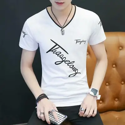 2020 Summer Men White Slim Fit V-Neck T-Shirt