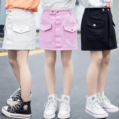 Girls' White Cotton Half-Length Skirt with Hip Hug Design