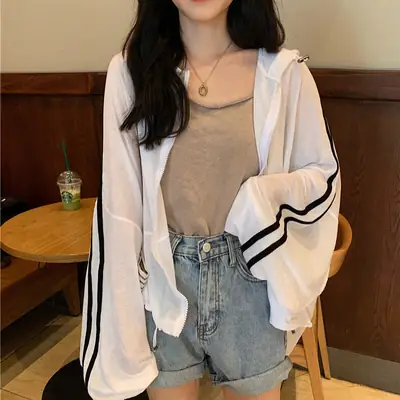 Women Korean Style Hooded Thin Sports Jacket White Black Stripes