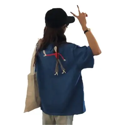 Women Blue T-Shirt Short Sleeve Korean Style 2025