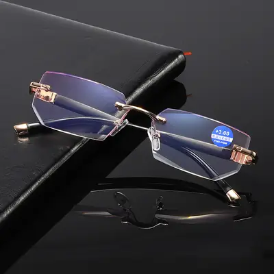 Frameless Cut Border Blue HD Presbyopia Glasses for Men Women