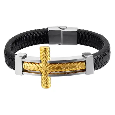 Black Punk Cross Braided Leather Bracelet for Men