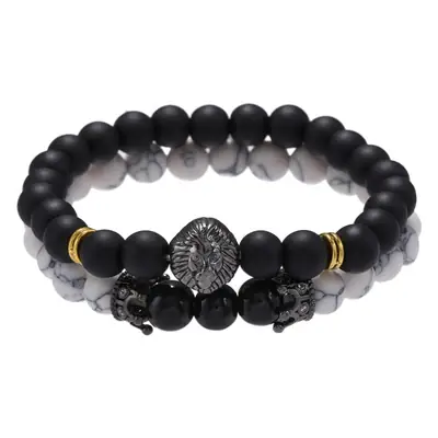 Black Frosted Stone Crown Lion Head Bracelet Set