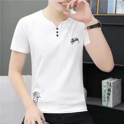 Men V-Neck Embroidered T-Shirt White Grey